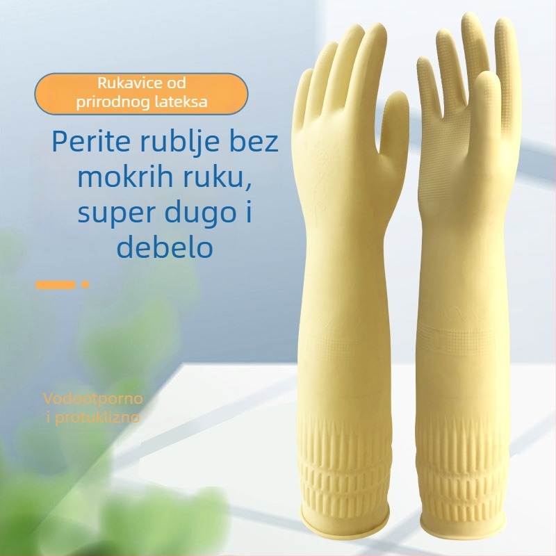 Duge rukavice od lateksa, s debljim slojem, vodootporne i izdržljive za kućnu upotrebu, pogodne za pranje posuđa i rublja.