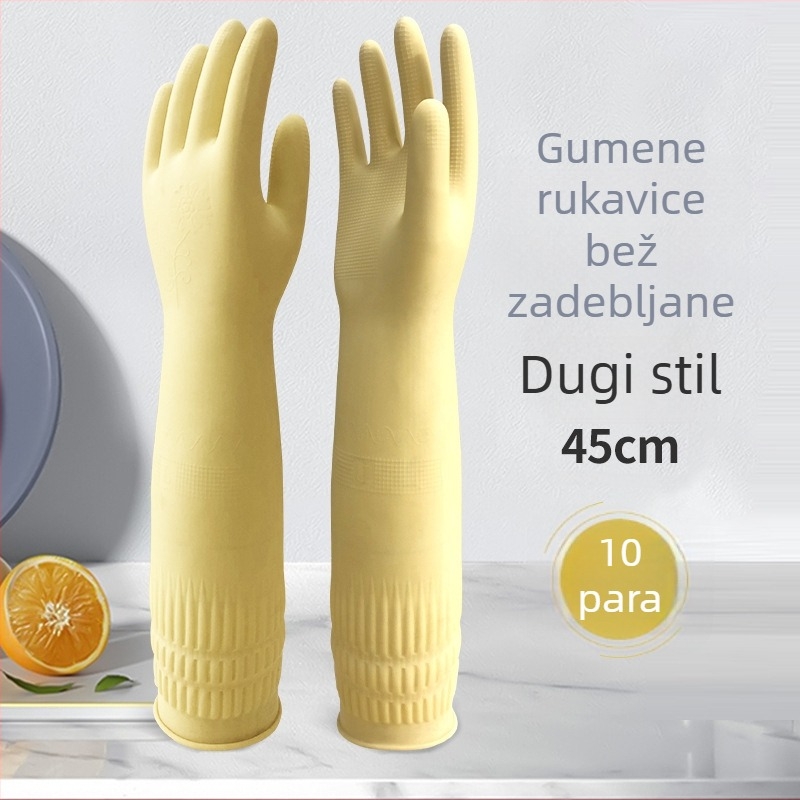 Duge rukavice od lateksa, s debljim slojem, vodootporne i izdržljive za kućnu upotrebu, pogodne za pranje posuđa i rublja.