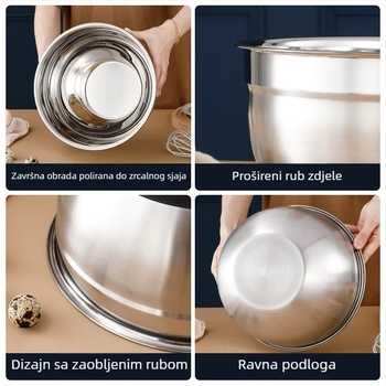 Kuhinjska zdjela od nehrđajućeg čelika s silikonovim dnom, pogodna za pečenje, miješenje tijesta i skladištenje voća; protuklizna baza.