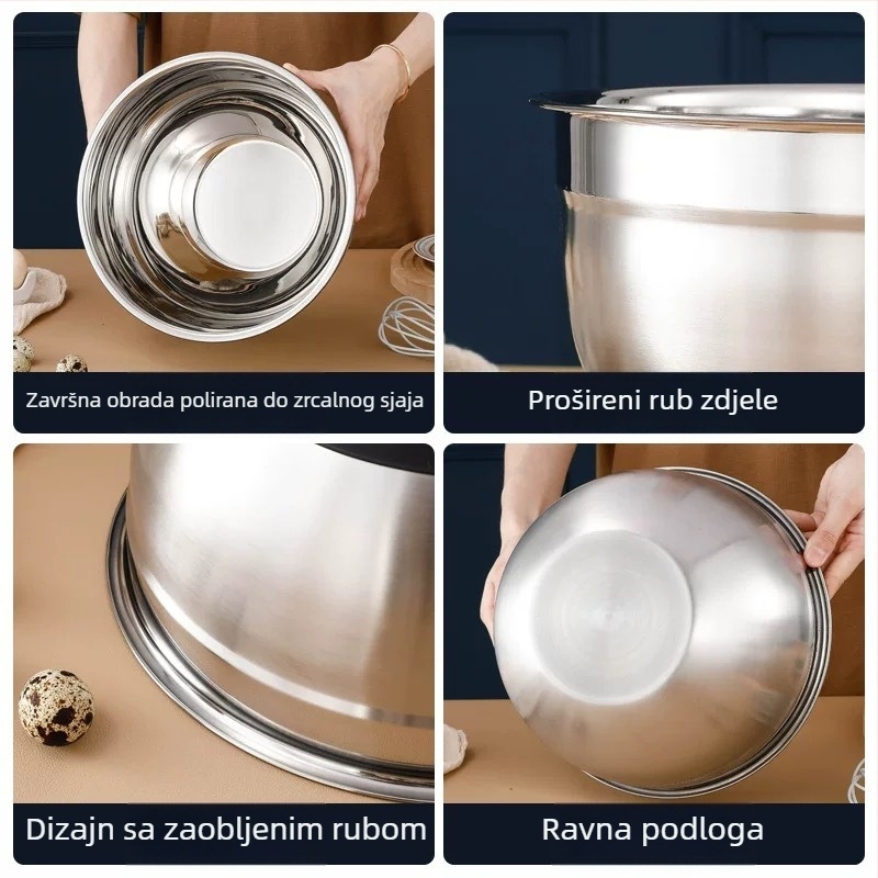 Kuhinjska zdjela od nehrđajućeg čelika s silikonovim dnom, pogodna za pečenje, miješenje tijesta i skladištenje voća; protuklizna baza.