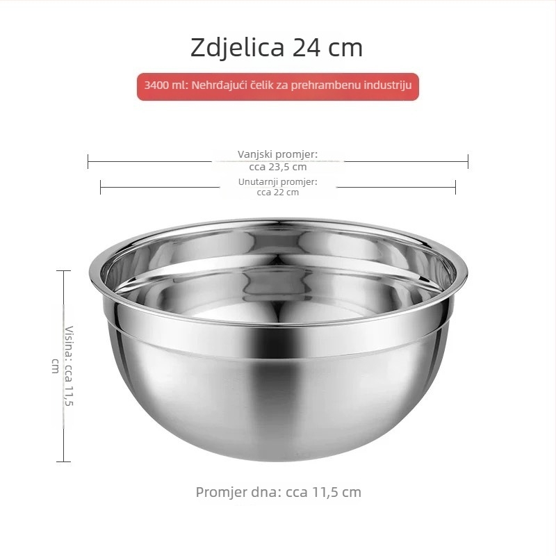 Kuhinjska zdjela od nehrđajućeg čelika s silikonovim dnom, pogodna za pečenje, miješenje tijesta i skladištenje voća; protuklizna baza.