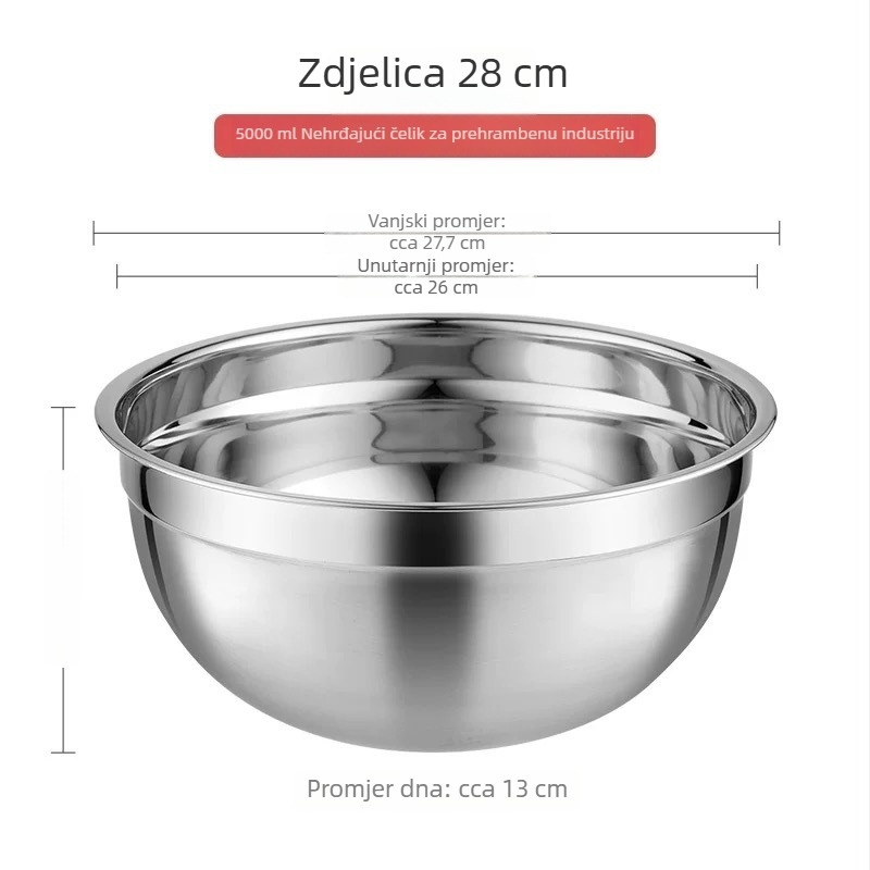 Kuhinjska zdjela od nehrđajućeg čelika s silikonovim dnom, pogodna za pečenje, miješenje tijesta i skladištenje voća; protuklizna baza.