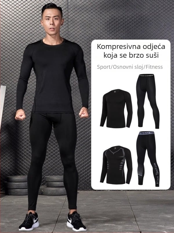 Muški brzosušeći termični komplet za jesen–zimu – uski gornji dio i hlače za trčanje, fitness i košarku