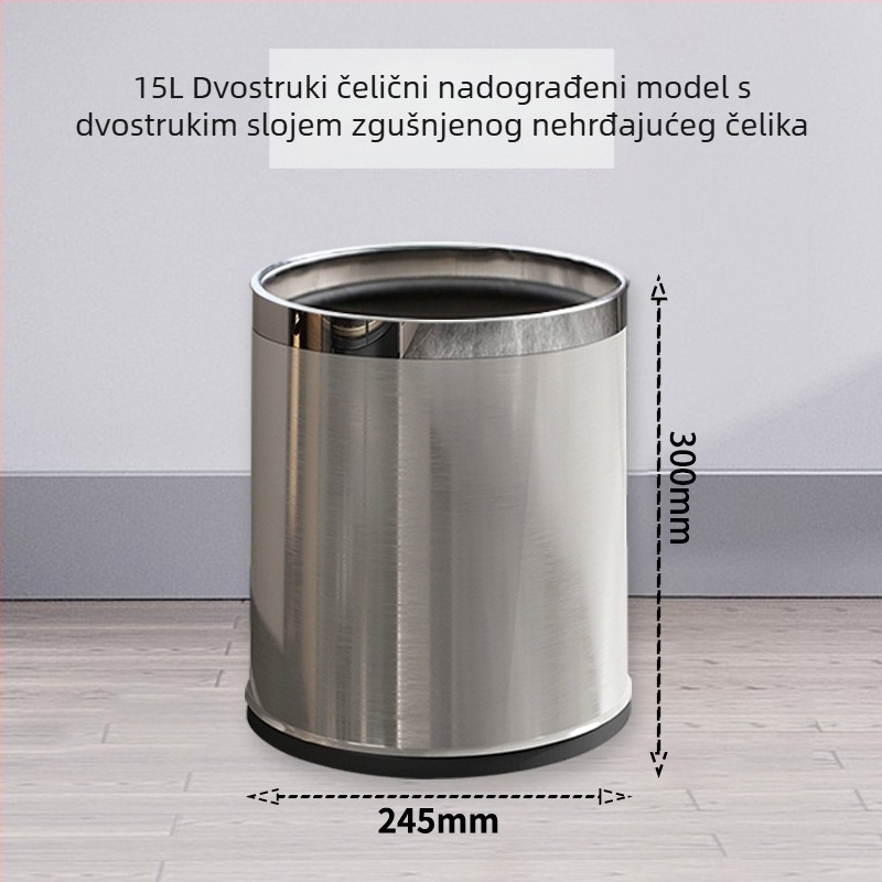 Nehrđajući čelični kanta za otpad, dvostruki sloj, bez poklopca, 12 L, za kućnu upotrebu (kuhinja, dnevni boravak, kupaonica)