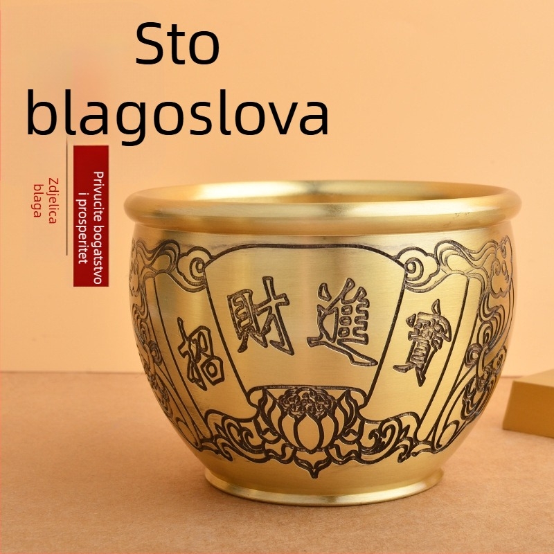 Mosazni lončić za rižu s graviranom zlatnom žabom, bazen blaga, stolna dekoracija i pepeljara, privlači bogatstvo.