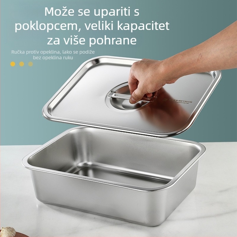 Nerđajući čelik; kvadratna/pravokutna duboka posuda sa plosnatim dnom i poklopcem; za pranje povrća i posluživanje kuhanih jela; pogodna i kao zamrzivačka posuda.