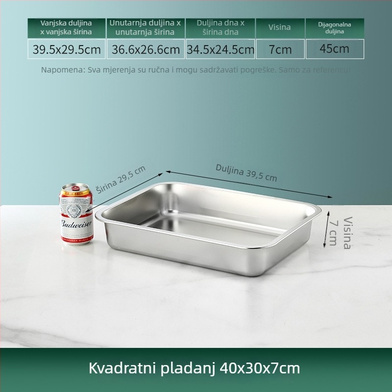 Nerđajući čelik; kvadratna/pravokutna duboka posuda sa plosnatim dnom i poklopcem; za pranje povrća i posluživanje kuhanih jela; pogodna i kao zamrzivačka posuda.