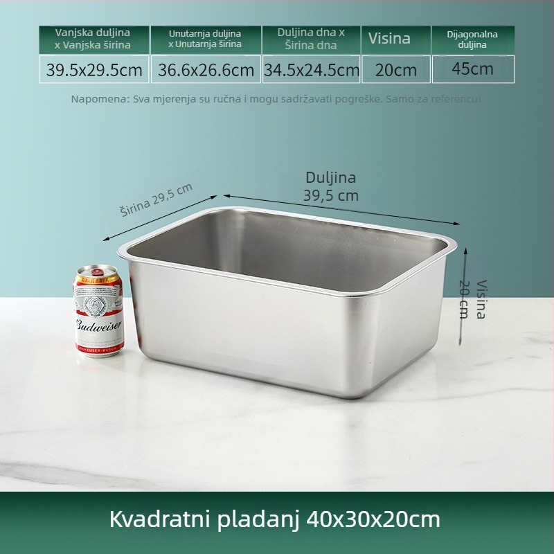 Nerđajući čelik; kvadratna/pravokutna duboka posuda sa plosnatim dnom i poklopcem; za pranje povrća i posluživanje kuhanih jela; pogodna i kao zamrzivačka posuda.