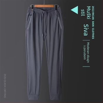 Muške sportke hlače s ledeno-svilnom teksturom ice silk, jednofarebne, ljetne, tanke, opuštena silueta, plus veličina, brzo suše, casual ravne nogavice
