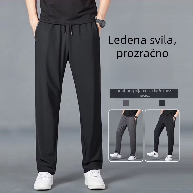 Muške sportke hlače s ledeno-svilnom teksturom ice silk, jednofarebne, ljetne, tanke, opuštena silueta, plus veličina, brzo suše, casual ravne nogavice