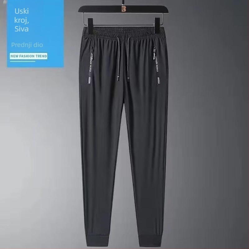Muške sportke hlače s ledeno-svilnom teksturom ice silk, jednofarebne, ljetne, tanke, opuštena silueta, plus veličina, brzo suše, casual ravne nogavice