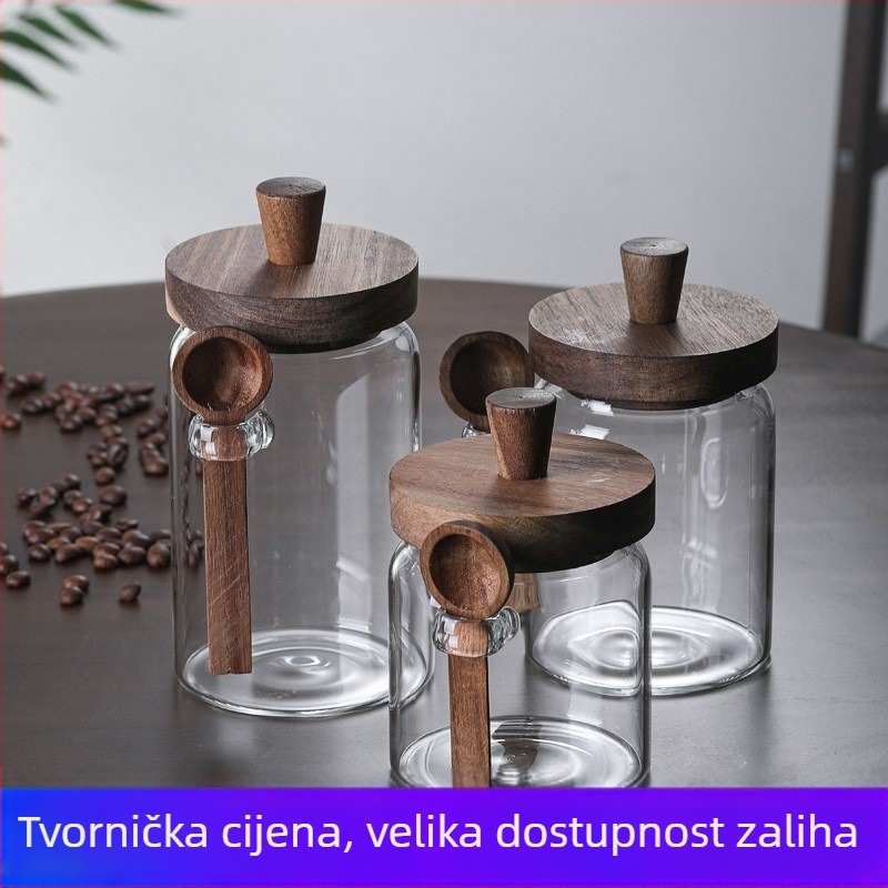 Staklena posuda za skladištenje s poklopcem od akacije i žlicom, pogodna za zrna kave, žitarice, čaj i orašaste plodove