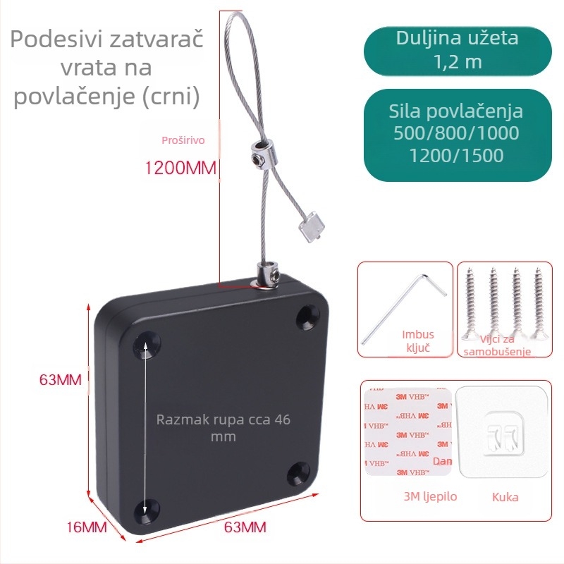 Automatski zatvarač vrata sa užetom za staklena vrata, bez bušenja, kućna uporaba
