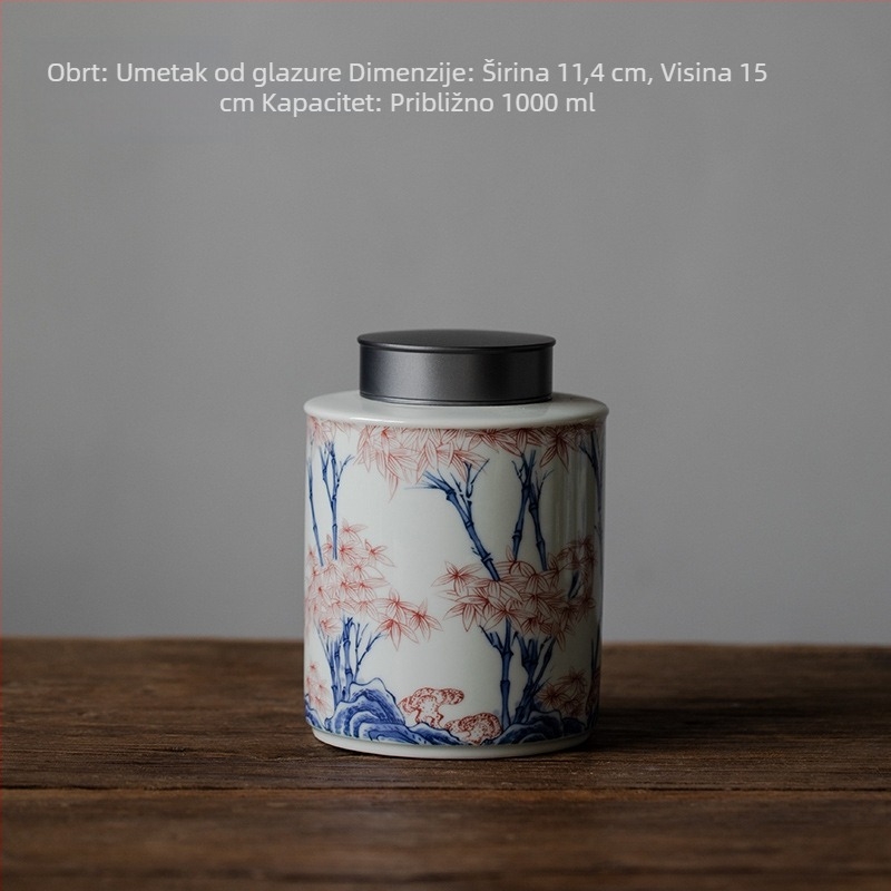 Velika keramička posuda za čaj s metalnim poklopcem, hermetički zatvorena, plavo-bijeli retro uzorak, za skladištenje zelenog i crnog čaja i stare narančine kore.