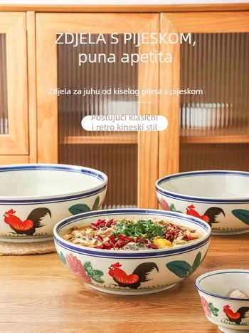 Porcelanska zdjela s motivom pijetla, retro stil, velika okrugla zdjela za kućnu upotrebu; idealna za riblju juhu s kiselim kupusom i jela s rakovima