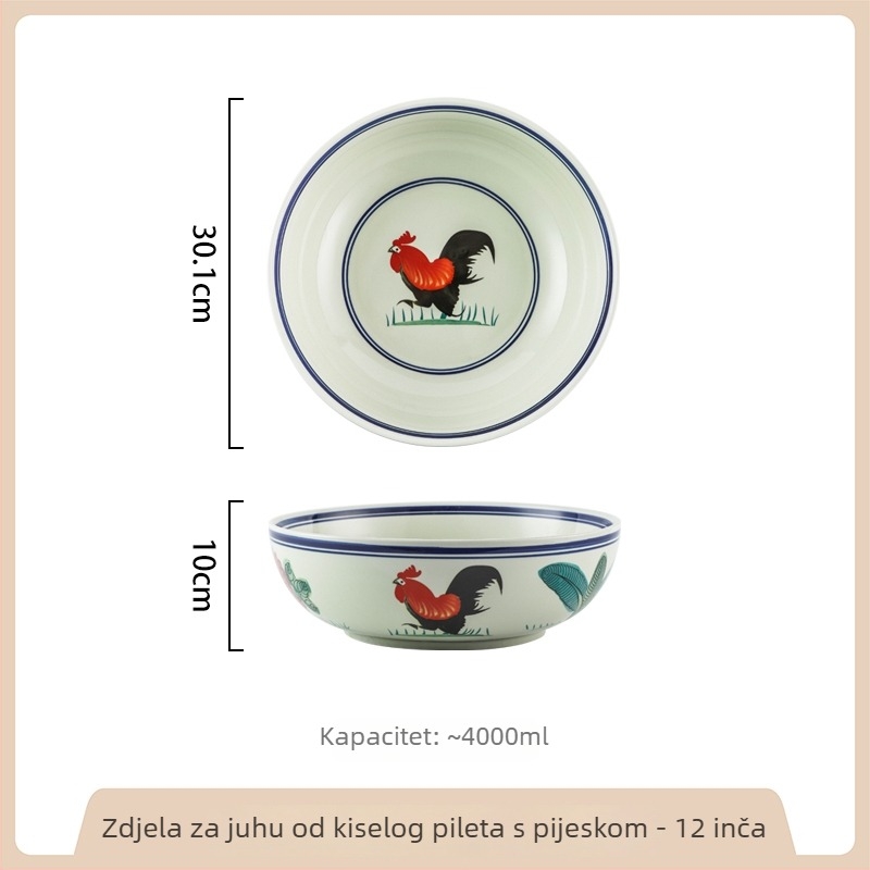 Porcelanska zdjela s motivom pijetla, retro stil, velika okrugla zdjela za kućnu upotrebu; idealna za riblju juhu s kiselim kupusom i jela s rakovima
