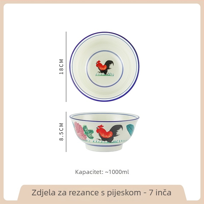 Porcelanska zdjela s motivom pijetla, retro stil, velika okrugla zdjela za kućnu upotrebu; idealna za riblju juhu s kiselim kupusom i jela s rakovima