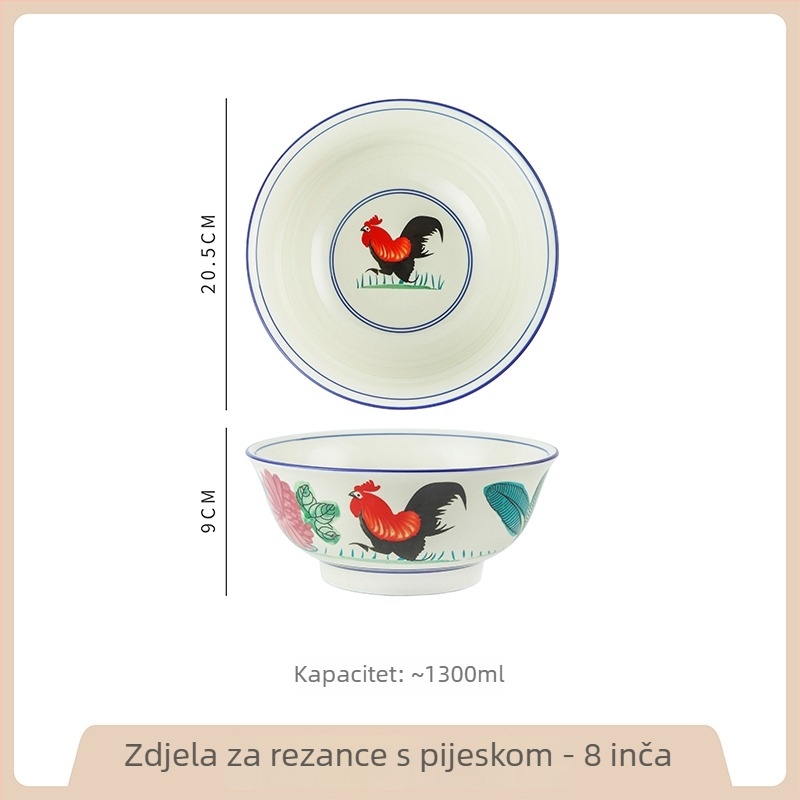 Porcelanska zdjela s motivom pijetla, retro stil, velika okrugla zdjela za kućnu upotrebu; idealna za riblju juhu s kiselim kupusom i jela s rakovima
