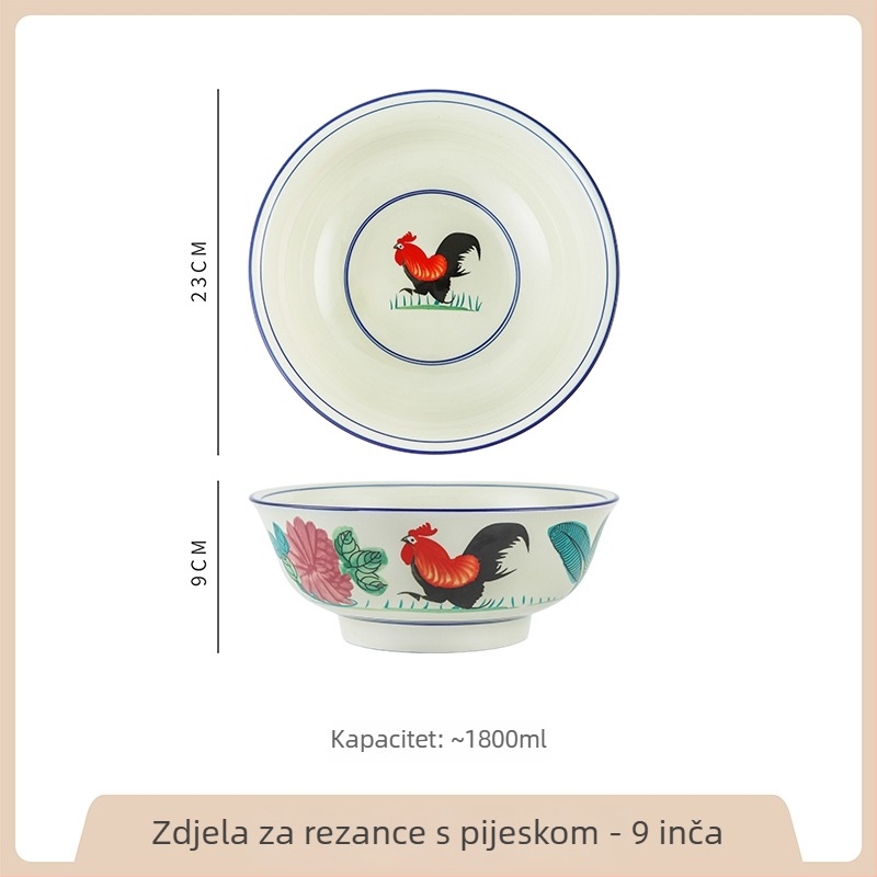 Porcelanska zdjela s motivom pijetla, retro stil, velika okrugla zdjela za kućnu upotrebu; idealna za riblju juhu s kiselim kupusom i jela s rakovima