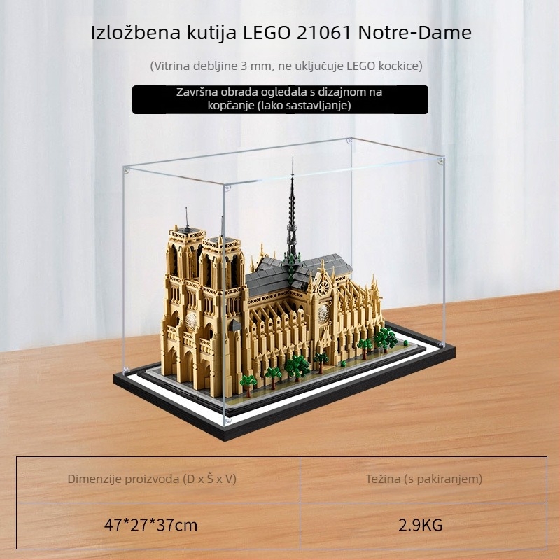 Prozirna akrilna kutija za izlaganje LEGO 21061 Notre Dame Building Series model, zaštita od prašine