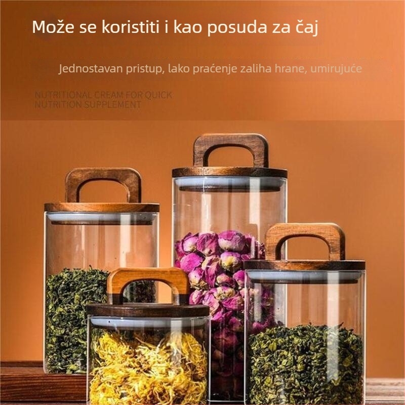 Set staklenih posuda s drškom od akacije i siguran poklopac od borosilikatnog stakla, 800–1000 ml, za kavu, čaj i osušenu koru mandarine