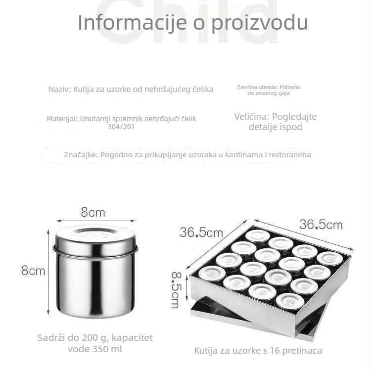 Kutija od nehrđajućeg čelika 304 za začine i uzorke hrane za kantine, škole i vrtiće
