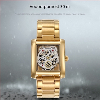 BESTWIN muški skeleton sat, pravokutni brojčanik 35 mm, vodootporan 30 m, narukvica od nehrđajućeg čelika, kvarcni mehanizam Dr. Tong