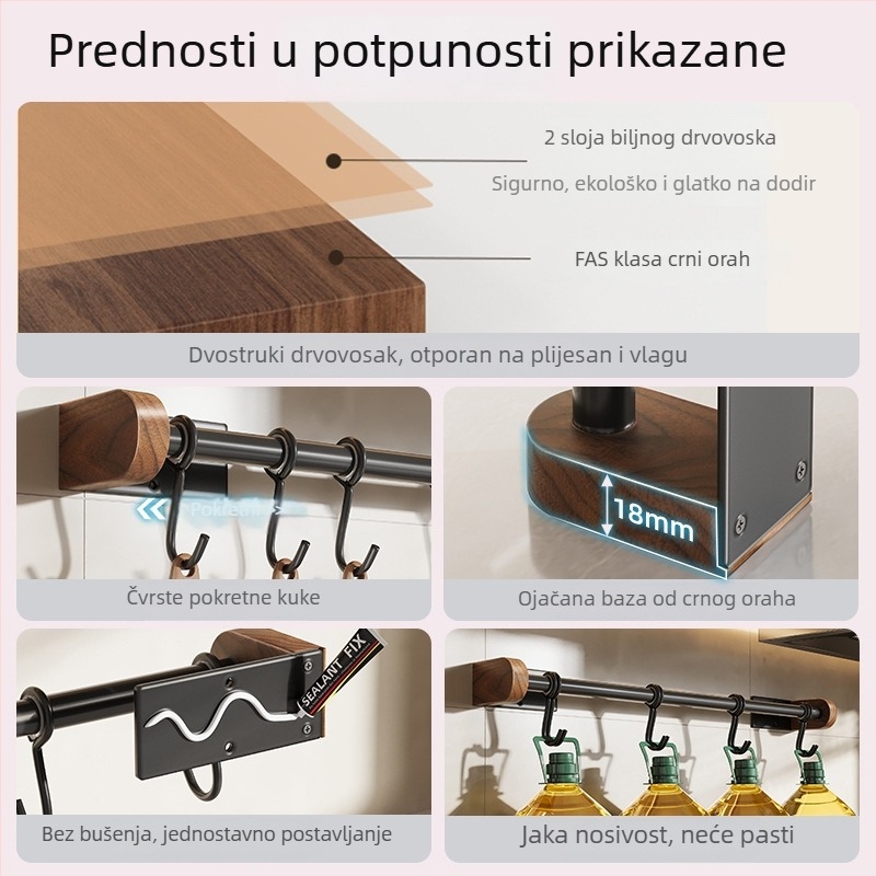 Kuhinjski zidni regal od orahova drveta, bez bušenja, držač za špatulu