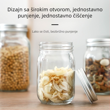 Prozirna staklena posuda za skladištenje sa zaptivnim poklopcem, okrugla posuda s visokim poklopcem, zapremina 301–500 ml, nordičkog stila, pogodna za med, džem i čili umak.