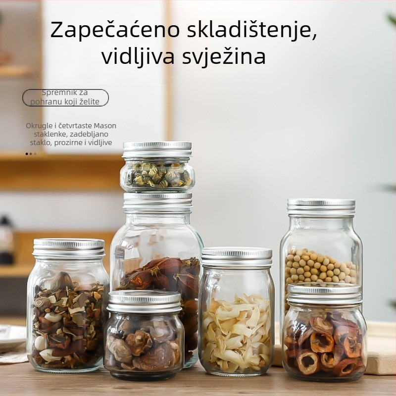 Prozirna staklena posuda za skladištenje sa zaptivnim poklopcem, okrugla posuda s visokim poklopcem, zapremina 301–500 ml, nordičkog stila, pogodna za med, džem i čili umak.