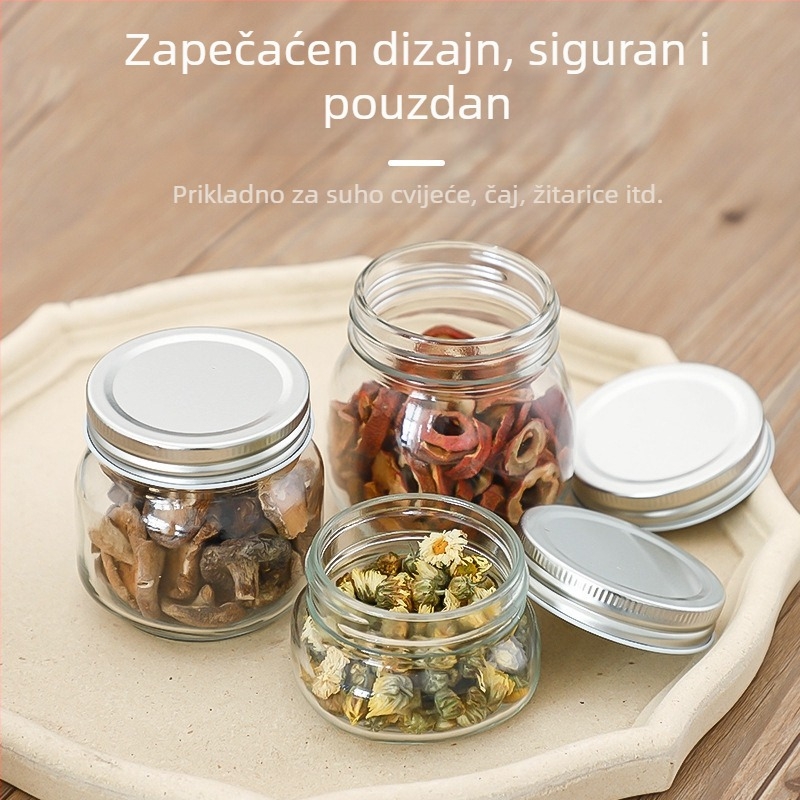 Prozirna staklena posuda za skladištenje sa zaptivnim poklopcem, okrugla posuda s visokim poklopcem, zapremina 301–500 ml, nordičkog stila, pogodna za med, džem i čili umak.