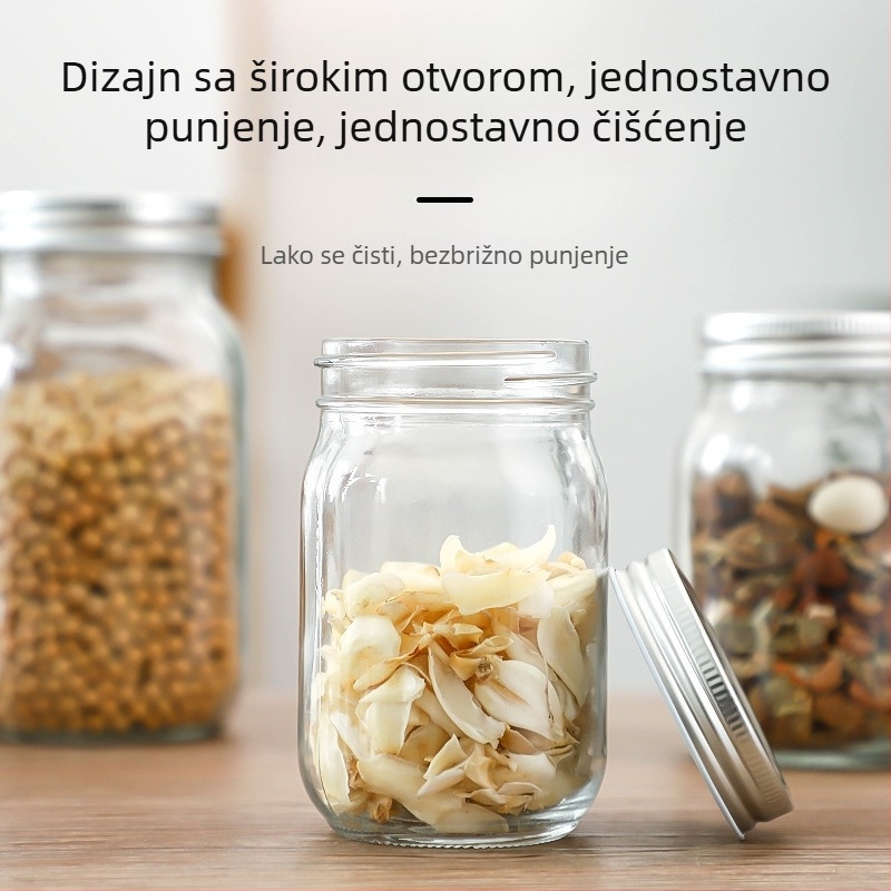 Prozirna staklena posuda za skladištenje sa zaptivnim poklopcem, okrugla posuda s visokim poklopcem, zapremina 301–500 ml, nordičkog stila, pogodna za med, džem i čili umak.