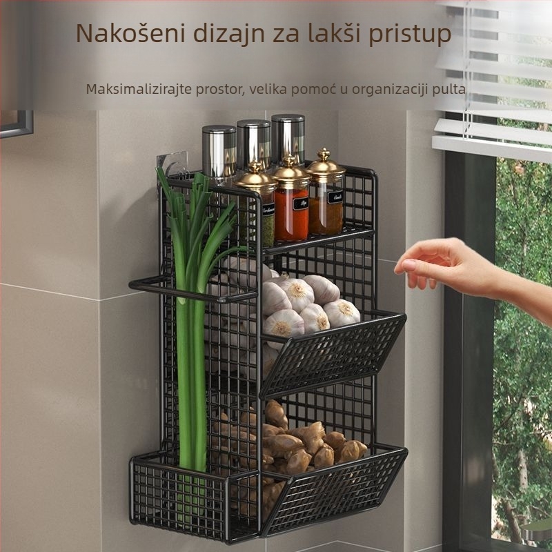 Kuhinjski zidni organizator za luk, đumbir i češnjak, bez bušenja, višeslojna košara za pohranu