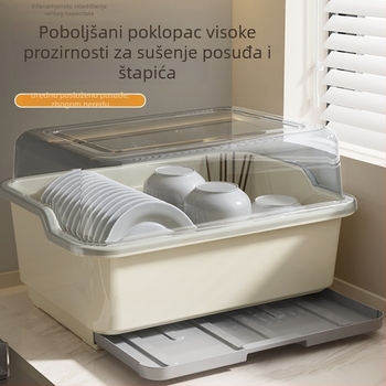 Plastični odvodni stalak za posuđe s poklopcem – kuhinjski organizator za tanjure i pribor