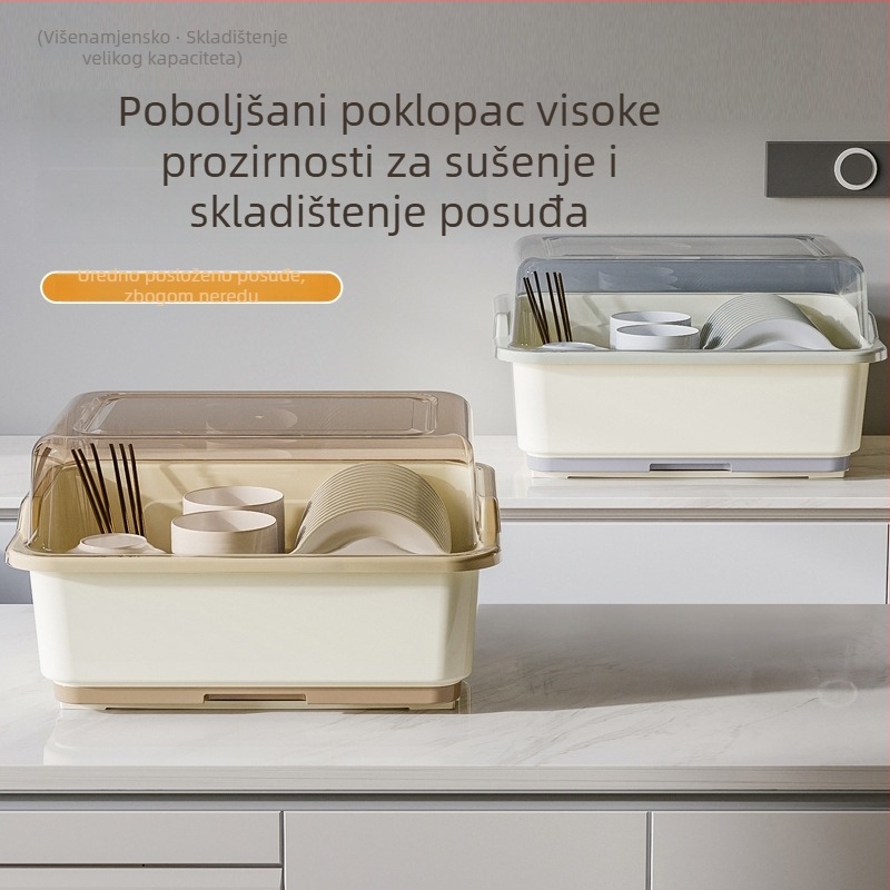 Plastični odvodni stalak za posuđe s poklopcem – kuhinjski organizator za tanjure i pribor