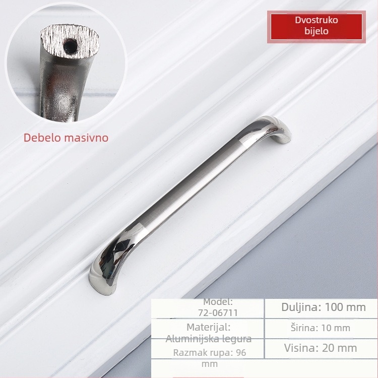 Čvrsta ručka za vrata ormara i ladica od aluminijske legure, bijeli završetak, razmak rupa 96/128 mm