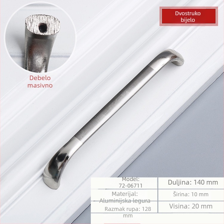 Čvrsta ručka za vrata ormara i ladica od aluminijske legure, bijeli završetak, razmak rupa 96/128 mm
