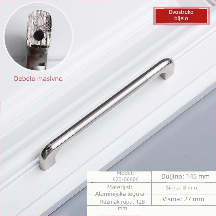 Čvrsta ručka za vrata ormara i ladica od aluminijske legure, bijeli završetak, razmak rupa 96/128 mm