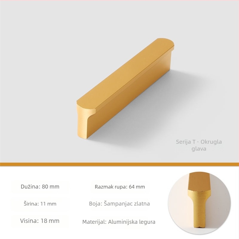 Moderan minimalistički T-oblik crna ručka za vrata ormara s sivim brušenim zlatnim završnim premazom