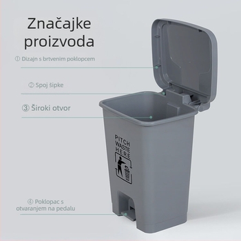 Sivi plastični pedalni kanta za otpad za dom i ured, cilindričnog oblika, kapacitet 12 L ili više.