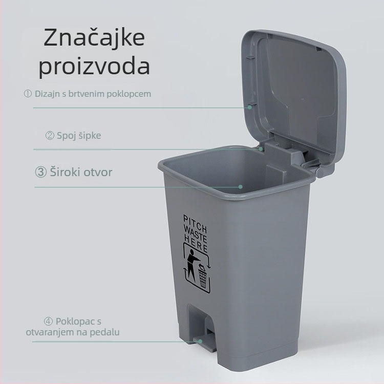 Sivi plastični pedalni kanta za otpad za dom i ured, cilindričnog oblika, kapacitet 12 L ili više.