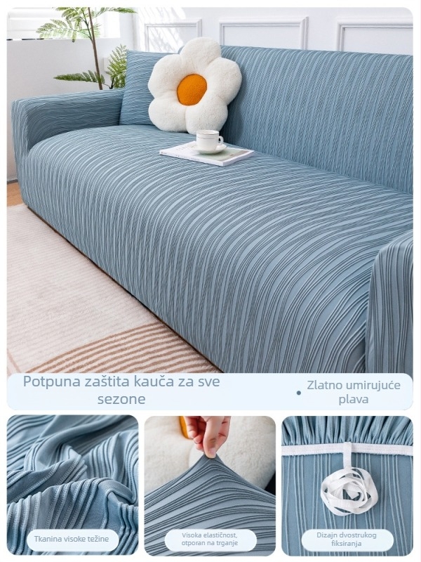 Presvlaka za kauč u jednome komadu, univerzalna veličina, rashladna Ice Silk tkanina, elastična, s prugastim uzorkom