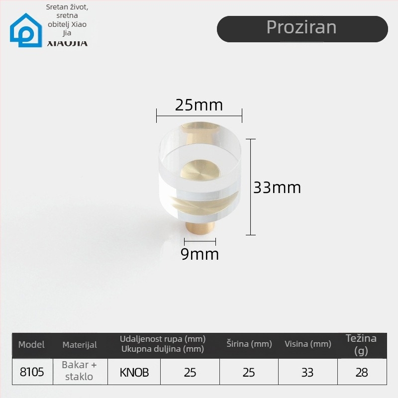 Xiaojia staklena kristalna ručica za ormariće i ladice, s jednim otvorom, moderni minimalistički stil