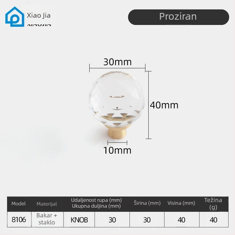 Xiaojia staklena kristalna ručica za ormariće i ladice, s jednim otvorom, moderni minimalistički stil