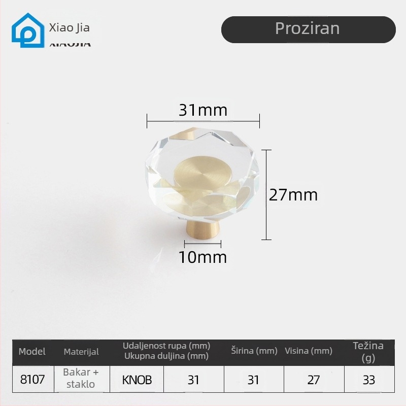 Xiaojia staklena kristalna ručica za ormariće i ladice, s jednim otvorom, moderni minimalistički stil