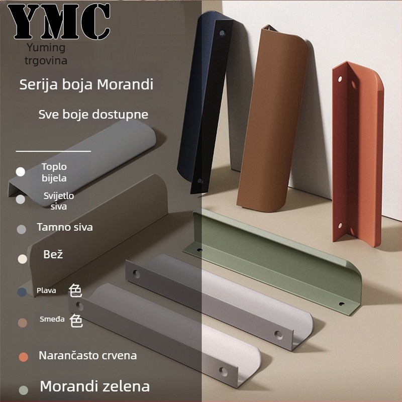 Minimalistička ručka u Morandi boji s nano premazom, poluzatvorenog tipa, za vrata ormara i ladice, aluminijska legura, lukoviti nevidljivi rub