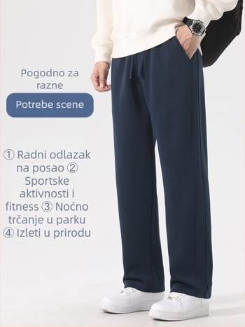 Muške hlače s flecom, ravni kroj, zimske, jednobojne, srednji struk, zatvaranje vezanjem