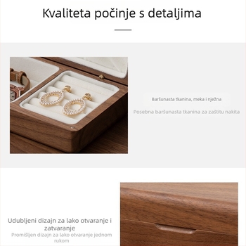 Kutija za nakit od crnog oraščića, kompaktna kutija za ogrlice, luksuzni retro stil za prstene i naušnice, prijenosna