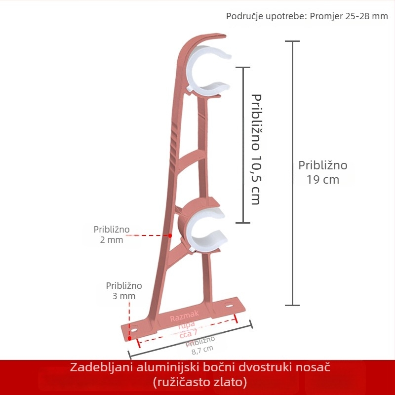 Aluminijski bočni dvostruki držač za zavjesnu šipku, za rimski štap, crna, zidni nosač