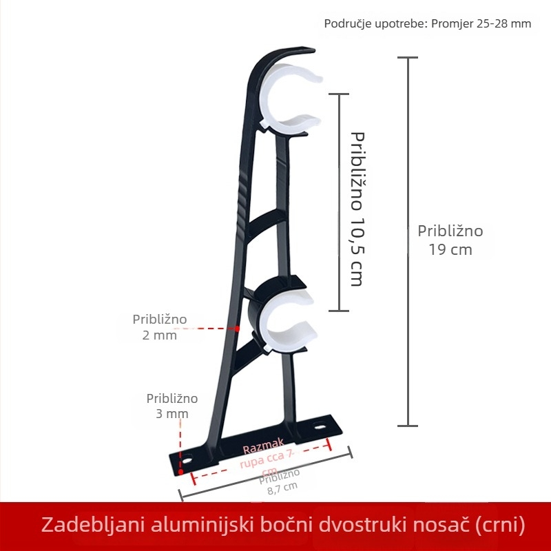Aluminijski bočni dvostruki držač za zavjesnu šipku, za rimski štap, crna, zidni nosač